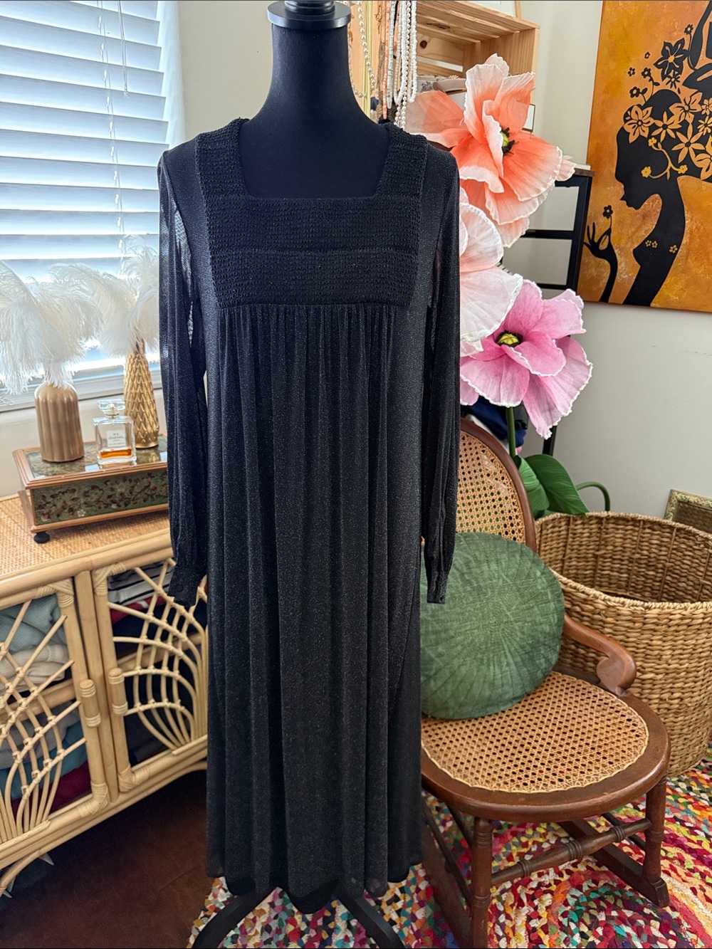 Zara Black & Silver Sparkle Square Empire Babydoll Waist Boho Midi Maxi Dress